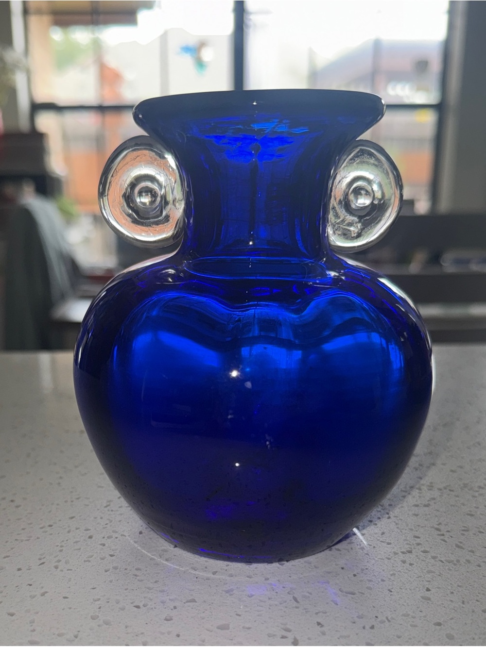 Tarnowiec Poland Blown Art Glass Vase
Double Handled Cobalt Blue Clear 5" Vtg